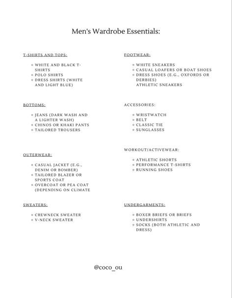 Explore the essential pieces that form the foundation of a versatile and chic wardrobe. From classic staples to modern essentials, this checklist helps you curate a timeless and elegant style. Elevate your fashion game with these key wardrobe elements. #wardrobeessentialsformen #fashioninspirations #styletip Future Wardrobe Men, Mens Clothing Essentials, Basic Wardrobe Essentials Men, Man Wardrobe Essentials, Men’s Closet Staples, Men Fashion Essentials, Men Basics Wardrobe, Wardrobe Men Essentials, Building A Wardrobe Men