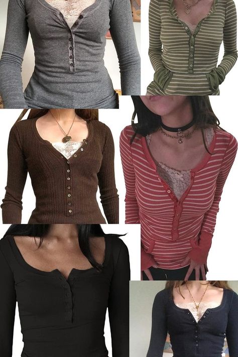 Y2k Shirts Long Sleeve, Long Sleeve Gray Shirt Outfits, Long Sleeve Henley Top, Y2k Longsleeves Outfit, Long Sleeve 2000s Top, Long Sleeve Outfit Ideas For Women, Grunge Tops Aesthetic, Where To Get Long Sleeve Shirts, Y2k Henley Top