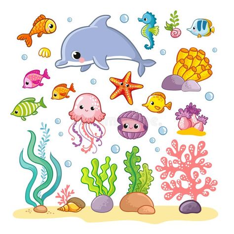 Big set with sea animals and plants in cartoon style. Vector illustration stock image Under The Sea Pictures, Buddha Wallpaper Iphone, Buddha Wallpaper, Theme Illustration, Cartoon Sea Animals, Plant Cartoon, Underwater Plants, Marine Plants, Mermaid Sticker