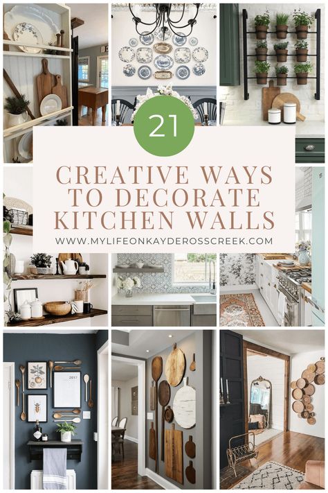 21 of The Best Ways to Decorate Kitchen Walls on a Budget - Life on Kaydeross Creek Kitchen Wall Decorations Ideas, Wall Decor In Kitchen Ideas, White Kitchen Wall Decor Ideas, Kitchen Picture Collage, Country Kitchen Art, Art Behind Stove, Bare Wall Kitchen Ideas, Traditional Kitchen Wall Decor, Kitchen Dining Area Wall Decor