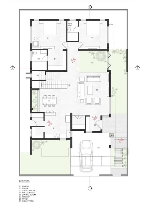 Ground Floor Plan of Neralu by Jalihal Associates House Elevation East Facing, 30 By 50 House Plans, 30x40 House Plans East Facing, Villa Plan Architecture, 30 50 House Plans, Villa Plan Design, Residential House Floor Plan, Duplex House Elevation, Residential Floor Plan