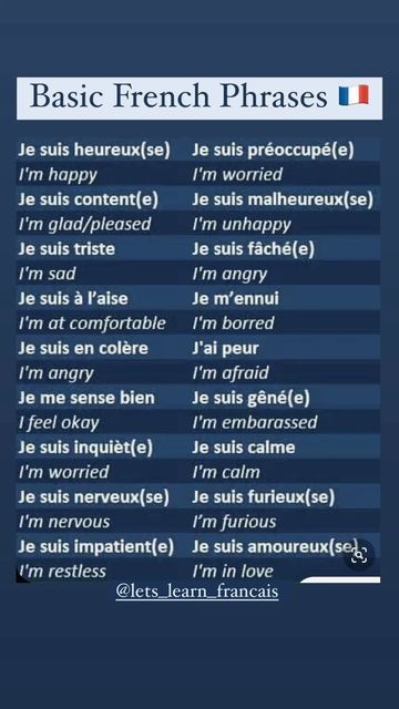 French on Instagram: "Basic French👆🏻🇫🇷 Follow for more👆🏻🇫🇷 Comment “BOOK” if you’re interested in learning French for the cost of a meal.😊🇫🇷  [ french, french class , french learning, tef canada, french lessons , français , learn french , french teacher , French posts , french reels , french language, paris , french travel ]" French Idioms, Free French Lessons, French Adjectives, French Language Basics, Verb Chart, Useful French Phrases, French Practice, French Basics, French Flashcards