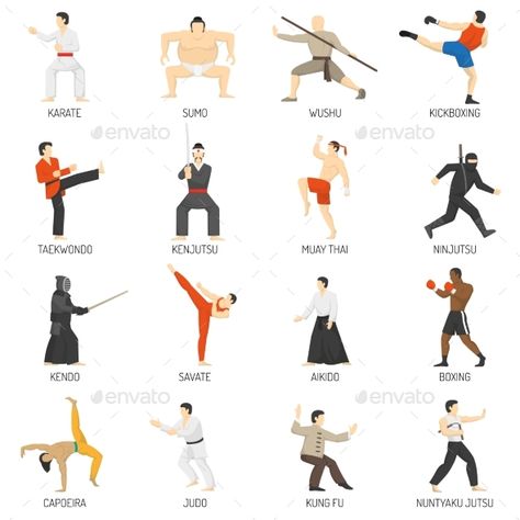 Martial Arts Decorative Flat Icons Set by macrovector Martial arts decorative flat icons set with sumo karate judo ninja taekwondo kung fu isolated vector illustration. Editable EPS an Dojo Design, Different Martial Arts, Fitness Vector, Martial Arts Techniques, Pencak Silat, Flat Icons Set, Martial Arts Styles, Martial Arts Workout, Martial Arts Training