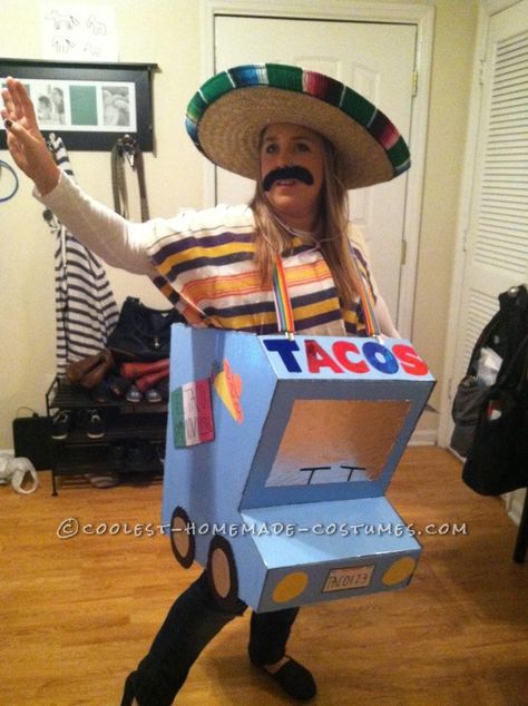 Mexican Fancy Dress, Truck Costume, Fiesta Costume, Cardboard Cars, Taco Costume, Theme Costumes, Mexican Halloween, Homemade Mexican, Taco Stand