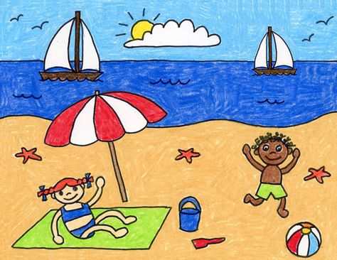 Beach Drawing Beach Art Projects, Scenery Drawing For Kids, Beach Coloring Pages, Drawing Videos For Kids, Summer Drawings, Beach Drawing, Art Projects For Kids, Easy Drawings For Kids, Drawing Projects