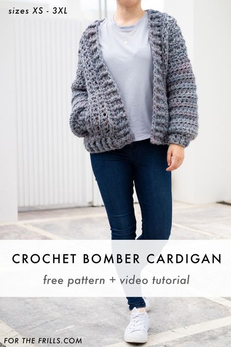 Learn how to crochet a chunky cardigan with this easy step-by-step video tutorial! Modern, cosy and comfy, this crochet sweater keeps you snug and warm on blustery winter days! There are also instructions for hidden crochet pockets. This is free crochet pattern ranges from sizes XS-XL #crochetcardigan #freecrochetpattern #lionbrandyarn #bombercardigan Easy Chunky Crochet Cardigan, Top Down Crochet Raglan Cardigan Pattern Free, Bulky Cardigan Crochet Pattern, Chunky Yarn Cardigan Crochet Pattern, Crochet Cardigan Chunky Yarn, Crochet Super Bulky Yarn Patterns, Crochet Chunky Cardigan Pattern Free, Wool Ease Thick And Quick Patterns, Chunky Crochet Cardigan Pattern Free