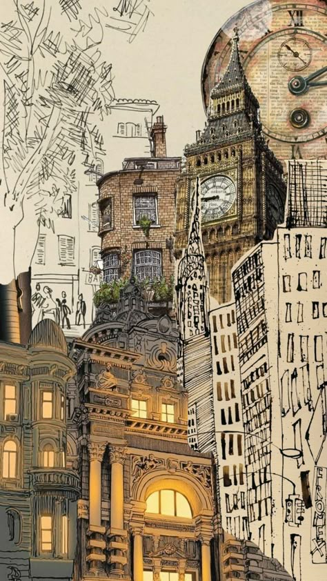 Architecture Drawing Collage, Newspaper Mixed Media Art, Collage Art Buildings, Graphic Art Collage, City Art Project, Collage Of Sketches, Art Collage Ideas Projects, Vintage Building Drawing, Sketch Collage Drawings