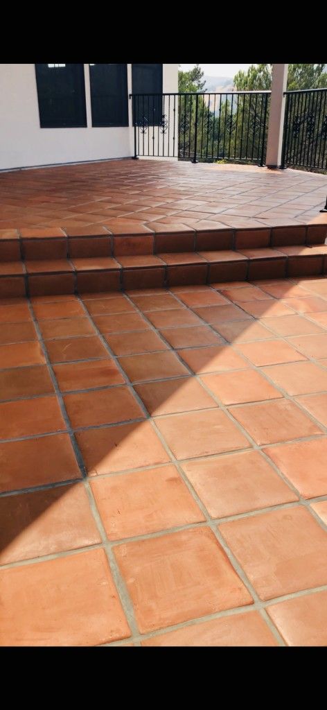 Best Way to Clean Outside Terracotta Tile and Saltillo | California Tile Restoration Terracotta Porch Floor, Terracotta Terrace Floor, Terracotta Patio Floor, Terracotta Outdoor Patio, Saltillo Tile Porch, Terracota Tiles Outdoor, Terracotta Walkway, Spanish Tile Patio, Terrace Terracotta