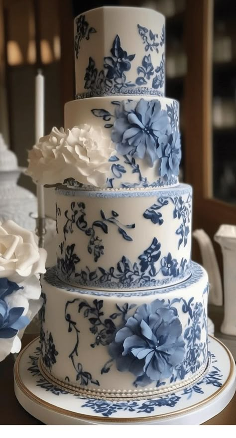 White Floral Wedding Cake, Blue And White Floral Wedding, Blue And White Wedding Cake, White Floral Wedding, Blue And White Wedding, Blue Wedding Ideas, Floral Wedding Cake, Dream Wedding Cake, Wedding Cakes Blue