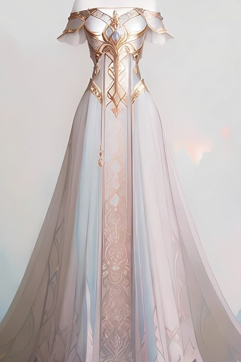 Fantasy Gowns White, Fantasy Armor Dress, White Fantasy Dress, Armored Dress, Fantasy Dress Design, White And Gold Dress, Armor Dress, White Gold Dress, Dream Fantasy