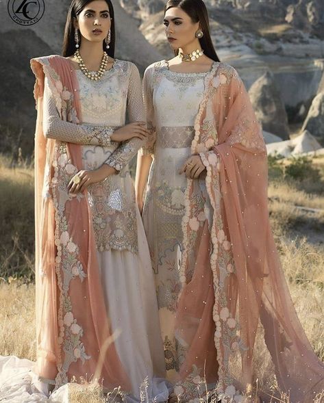 peach/pink bridesmaids outfits Desi Bridesmaids Outfits, Pakistani Bridesmaids Outfits, Asian Bridesmaid Dresses, Desi Bridesmaids, Formal Dresses Long Lace, Bridesmaid Dresses Indian, Bridesmaids Outfits, Zainab Chottani, Indian Bridesmaid Dresses