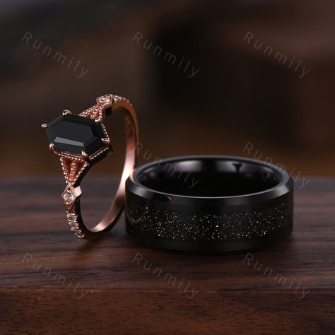 Here we have a Black Onyx Ring Set, His and Hers Wedding Band, Black Sandstone Mens Ring, Rose Gold and Tungsten Ring, Black Gemstone Couples Ring ITEM DESCRIPTION ✦ Handmade, high-quality item! ✦ Material: Sterling Silver/Tungsten ►Sold as a two-piece set ►His ring is Black Tungsten Carbide with black sandstone ►His band width: 8mm ►His tungsten ring will not turn green itself and will not cause your skin to turn green.  ►Her ring is Rose Gold Filled over 925 solid Sterling Silver.(can be made Rose Gold And Black Wedding Ring, Goth Engagement Rings Men, Dark Wedding Bands, Black Moissanite Engagement Ring, Black Diamond Ring Men, Black Rose Gold Wedding, Black Wedding Ring, Wedding Band Black, Couples Ring