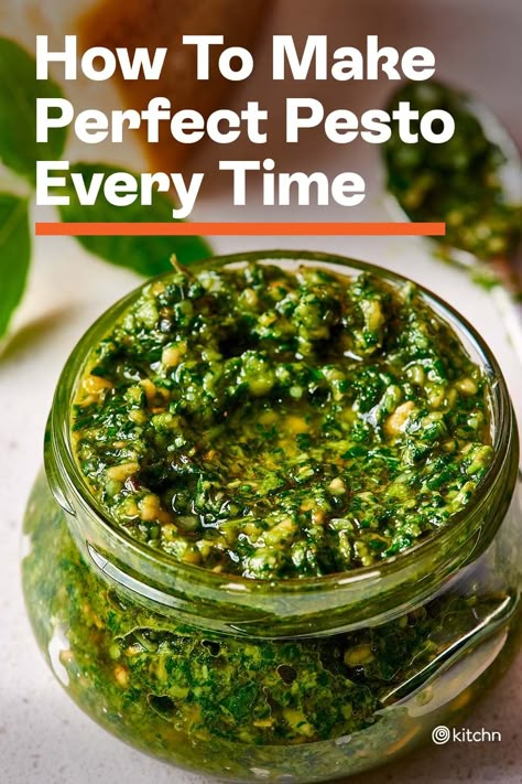 Making pesto is as simple as processing your ingredients together. We’ll show you the wide variety of ingredients you can use, and we’ll walk you through the recipe and techniques that will yield the best taste and texture for pesto. #makingpesto #perfectpesto #homemadepest #homemade #pesto #pestorecipe #pestorecipes Make Your Own Pesto, Basil Pesto Canning Recipe, The Best Pesto Recipe, Traditional Pesto Recipe, Best Homemade Pesto Recipe, Recipe For Pesto Sauce, Small Batch Pesto, Canning Pesto Recipe, How Do You Make Pesto