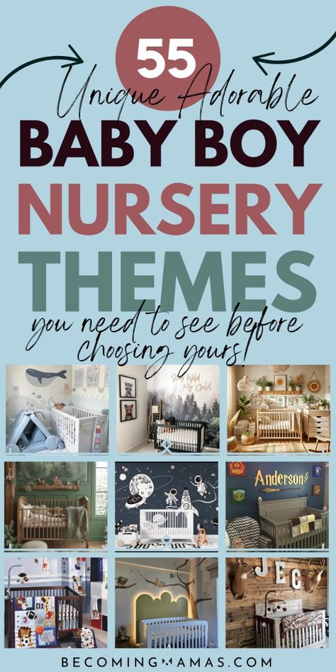 Looking for unique baby boy nursery room ideas? Explore 55 stunning baby boy nursery themes that'll make your heart melt! From cozy corners to statement walls, each design tells a special story. Ready to create a space that's both beautiful and unique? These fresh ideas will help you design the nursery of your dreams. Traditional Woodland Nursery, Natural Baby Boy Nursery, 2025 Baby Nursery Trends, Baby Boy Color Schemes, Character Nursery Themes, Train Theme Nursery, Fun Boy Nursery Ideas, Explorer Nursery Theme, Nursery Color Palette Boy