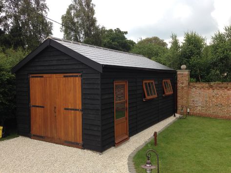 External Garage Ideas, Wooden Garage Ideas, Wooden Garden Shed, Black Shed With Wood Trim, Workshop Exterior, Wooden Garages, Sheds Ideas Backyard, Black Shed, Shed Designs