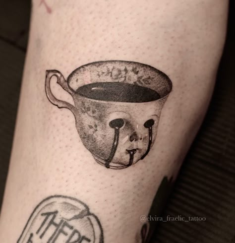 Spooky cup 3rl black and grey halloween flash tattoo Black And Grey Style Tattoo, Halloween Spooky Tattoos, Grey And Black Tattoos, Flash Halloween Tattoo, Tattoo Ideas Black And Grey, Flash Tattoo Halloween, Creepy Flash Tattoo, Halloween Tattoo Flash Art, Creepy Tattoo Ideas