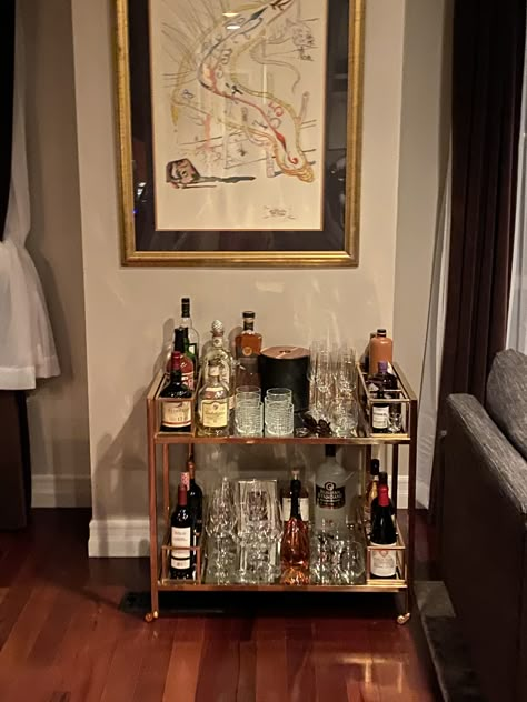 Tabletop Bar Setup, Bar Cart Mirror, Bar Cart Aesthetic Modern, Bar Cart For Men, Bar Cart Men, Men’s Bar Cart, Mens Bar Cart, Bar Cart Ideas Diy, Mini Bar Aesthetic