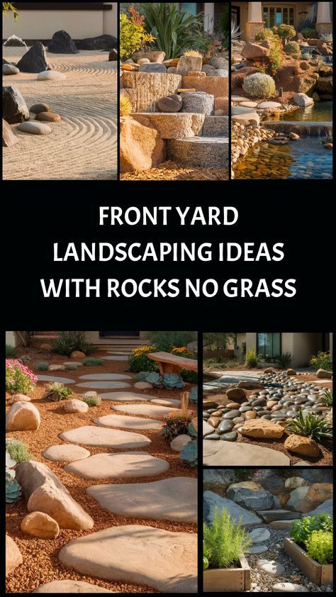 Discover a world of possibilities for transforming your front yard with these 10 innovative rock landscaping concepts. Get inspired to wave goodbye to traditional grass lawns and embrace a unique, stunning outdoor space that exudes natural charm and beauty. Decorative Rock Landscaping Front Yard, Landscape Without Plants, Front Yard Landscaping No Lawn, Pavers And Rock Landscaping, Front Yard Rock Garden Ideas, Road Verge Landscaping, Landscaping Without Grass Ideas, Rocks And Mulch Landscaping, Zero Scape Landscaping Front Yards Utah