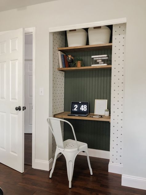 Desk Nook In Closet, Diy Desk Nook, Closet Office Nook, Coat Closet Office, Tiny Desk Organization, Cloffice Ideas Small Spaces Home Office, Closet To Desk Conversion, Small Nook Ideas Bedroom, Closet Turned Into Desk Area