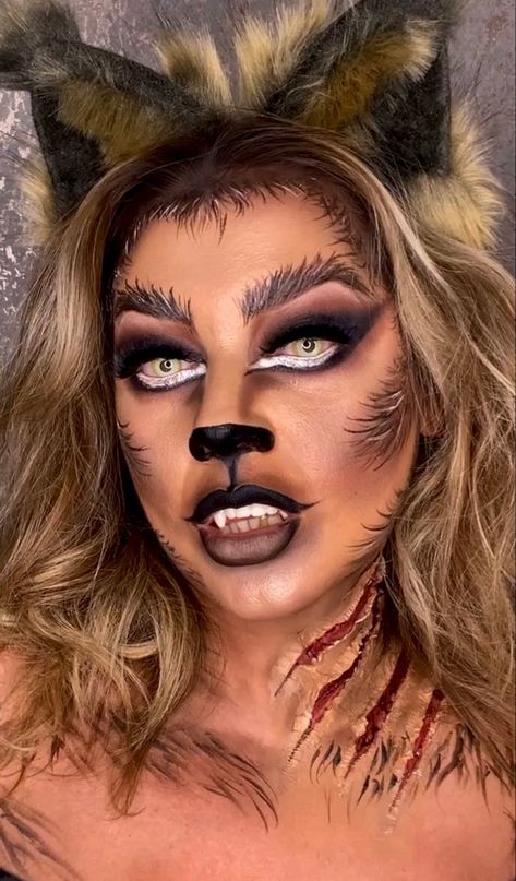 Wear Wolf Makeup, Wearwolf Makeup Woman Halloween, Werewolf Woman Costume, Wolf Face Makeup, Wolf Halloween Costume Women, Wolf Make Up Halloween, Werewolf Makeup Female Halloween, Werewolf Halloween Costume Women, Diy Wolf Costume Women