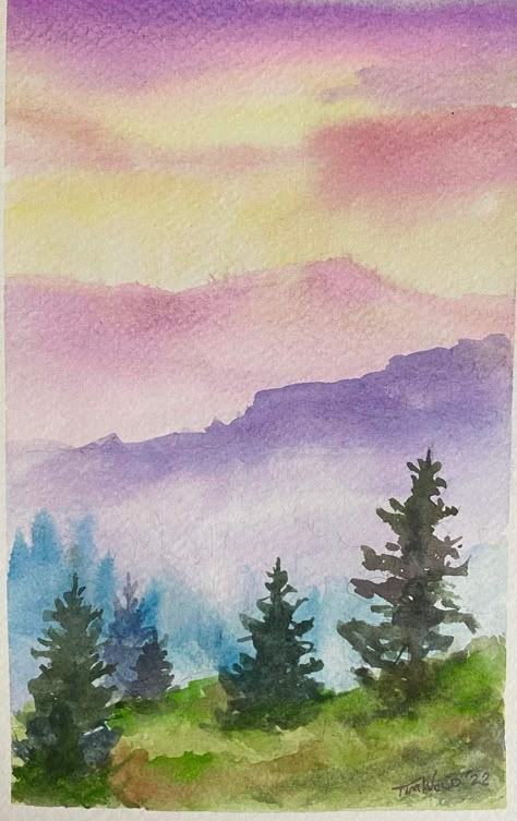 Landscape Design Watercolor, Watercolor Art Inspiration Easy, Watercolour Mountains Easy, Watercolor Art Easy Landscape, Watercolor Painting Landscape Easy, Watercolour Inspo Easy, Simple Aquarelle Painting, Water Colour Sketch Ideas, Water Colour Painting Ideas Inspiration Landscape