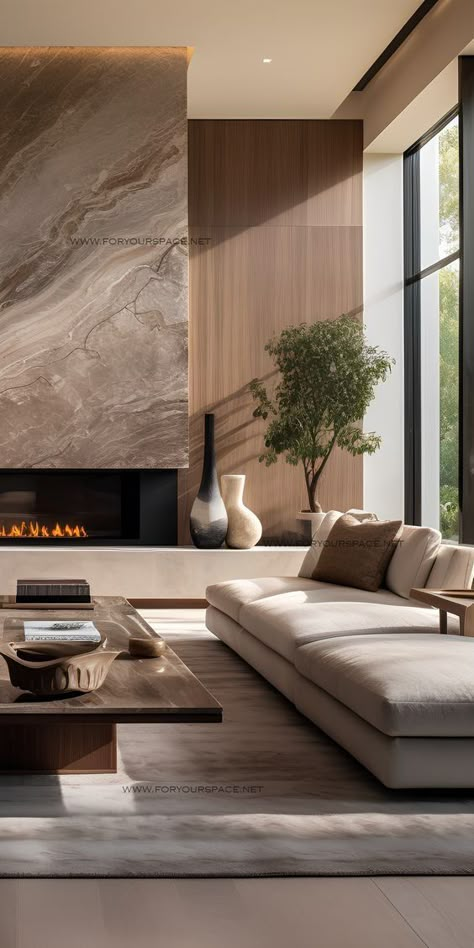 sunlit room with marble fireplace and clean and modern italian furniture set the room for 2024 Light Aesthetic Room Decor, Living Room Decor Lights, Style Salon, Aesthetic Living Room, Interior Minimalista, Modern Fireplace, Design Room, Fireplace Design, Tv Wall