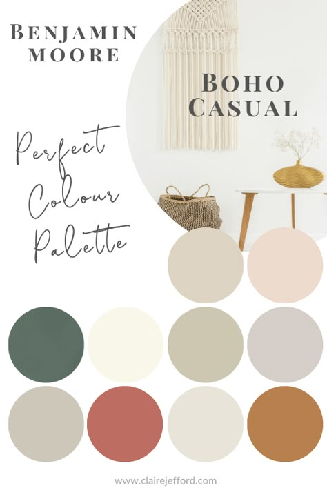 Benjamin Moore, Boho Casual Design Style, BOHO, Bohemian, Colour Palette, Paint Colours, Paint Colors Boho Living Room Painted Walls, Boho Paint Pallets For Home, Paint Color Schemes Boho, Boho Natural Color Palette, Boho Colors Living Room, Boho Modern Color Palette, Boho Living Room Colors, Boho Chic Paint Colors, House Palette Interiors