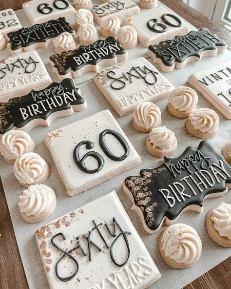 60th Birthday custom decorated cookies in assorted sizes.  Vintage themed. 60thbirthday Party Ideas, 60 Surprise Birthday Party Ideas, 60th Birthday Party Dessert Table, Dessert Table For 60th Birthday, 60 Cookies Decorated, Birthday Party Decorations 60th, 60 Th Birthday Cakes For Women, 60th Birthday Treats Ideas, 60th Bday Decor