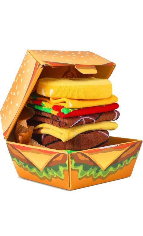 Gifts For Teenage Guys, Funny Burger, Funny Socks For Men, Food Socks, Burger Box, Funny Gadgets, Gag Gifts Christmas, Chirstmas Gift, Gift Box For Men