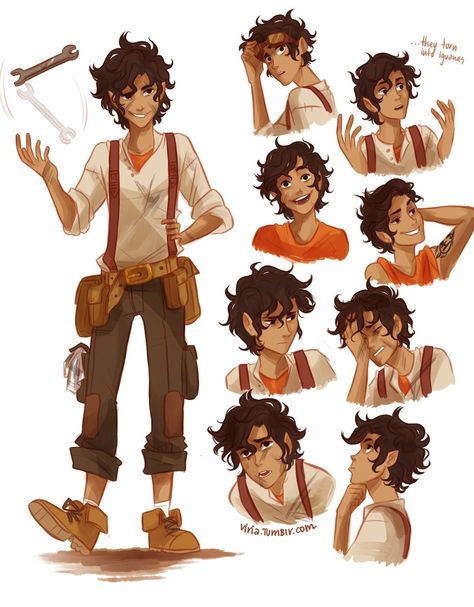 Leo Valdez, it's quite funny, in a lot of fanart Leo wears this super cool outfit Aphrodite has given to him. He only wore it once(Well, i thought it was once, because he didn't really loved his clothes), but still it's just his outfit Zio Rick, Hazel Levesque, Character Design Cartoon, Different Poses, Percy Jackson Fan Art, Percy Jackson Characters, Leo Valdez, Percy Jackson Art, Viria