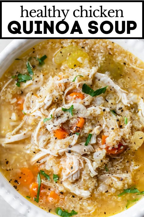 A healthy spin on classic chicken noodle, this Chicken Quinoa Soup is packed with protein, simple ingredients, and cozy flavors. It’s ready to eat in 30 minutes and is easy to make in just one pot! #chickensoup #quinoa #glutenfree Lemon Quinoa Soup, Dinner Recipe With Quinoa, Quinoa And Chicken Recipes Easy, Slow Cooker Recipes Soup Healthy, Light Soups Healthy Clean Eating, Healing Crockpot Soup, Quinoa Chicken Instant Pot, Chicken Soup Quinoa, Chicken Quinoa Soup Crockpot