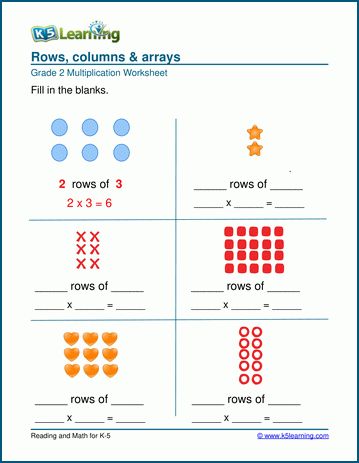 Rows, columns & arrays | K5 Learning Free Printable Array Worksheets, Arrays Second Grade, Teaching Arrays 2nd Grade, Second Grade Arrays Repeated Addition, Array Math, Array Worksheets, Math Quizzes, Test For Kids, Learning Multiplication