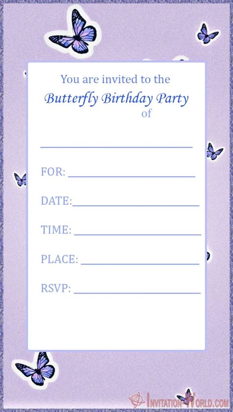 Free Printable Butterfly Invitation Templates - Invitation-World.com Bday Invitation Card, Butterfly Birthday Party Invitations, Online Birthday Invitations, Make Birthday Invitations, Happy Birthday Invitation Card, Butterfly Invitation, Sleepover Invitations, Printable Butterfly, Birthday Invitation Card Template