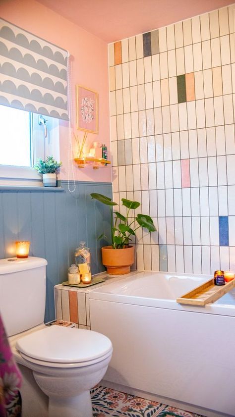 random horizontal colour pop tile layout with blue panelling and pink walls Bathroom Panelling Colour Ideas, Bright Blue Tile Bathroom, Small Bathroom Mural Ideas, Dopamine Decor Bathroom, Cheerful Bathroom, Blue Panelling, Tile Wall Design, Tiles Wall Design, Colourful Bathroom Ideas