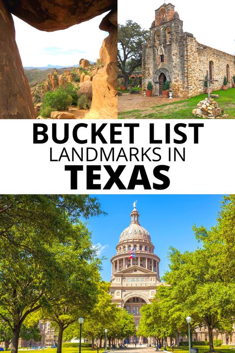 Bucket list landmarks in Texas, including Big Bend National Park, San Antonio Missions, and Texas State Capitol building in Austin. Travel To Texas, Things To Do In Texas Bucket Lists, Texas Must See Places, Best Places To Live In Texas, Texas Weekend Getaways, Texas State Capitol, Texas Travel Guide, Texas Bucket List, Enchanted Rock