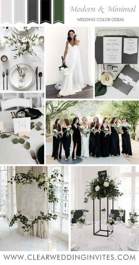 White Green And Silver Wedding, Black And Silver Winter Wedding, Wedding Color Scheme Black, Green Silver Wedding, Greenery Color Palette, Black Tie Wedding Theme, Modern Black Tie Wedding, Grey Wedding Theme, Greenery Wedding Ideas