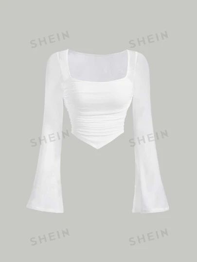 Shein Tops Shirts, Hispanic Clothing, Stylish Tops Fashion, Shein Shirts, Ariel Costume, Champagne Shirt, Flare Shirt, Scene Outfits, White Flares