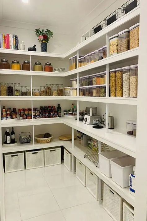 20 Walk-In Pantry Ideas For Stylish Kitchen Storage Walk In Pantry Cupboard Ideas, Pantry Room Ideas Walk In Storage, Pantry Shelving Spacing Measurements, Walk In Pantry With Deep Freezer, Walk In Food Pantry Ideas, Narrow Deep Pantry, 5x5 Walk In Pantry Layout, Walk In Pantry Size, Walkin Pantry Organization Ideas