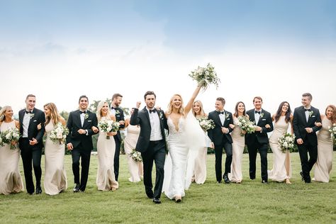 Formal Wedding Groomsmen, Black Suit Bridal Party, Bridal Party Formal Photos, Must Have Bridal Party Photos, Formal Bridal Party, Black Bridal Party Attire Summer, Entire Bridal Party Photos, White Bridal Party Dress, Large Bridal Party Photos