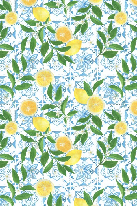 Blue Mediterranean Wallpaper, Lemon And Blue Aesthetic, Lemons Wallpaper Iphone, Mediterranean Background Wallpaper, Italian Pattern Wallpaper, Italian Tile Wallpaper, Italian Summer Background, Italy Inspired Wallpaper, Amalfi Coast Aesthetic Wallpaper