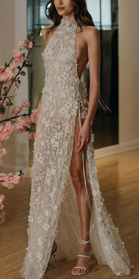 Destination Wedding Dresses For You ★ #bridalgown #weddingdress Abroad Wedding Dress Ideas, Destination Wedding Bridal Outfits, Goddess Inspired Wedding Dress, Glam Beach Wedding Dress, Unique Bride Dresses, Tropical Beach Wedding Dress, Wedding Dress Unconventional, Forest Elopement Dress, Seashell Wedding Dress