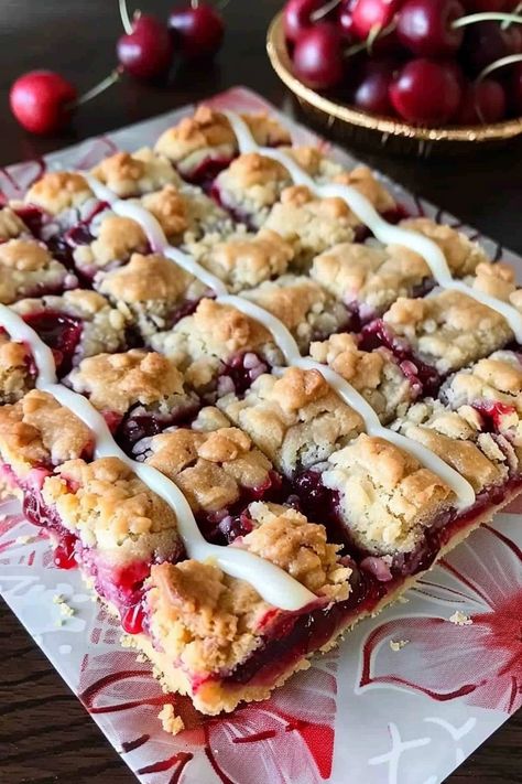 Cherry Pie Squares with Crumb Topping - An Organized Chaos Cherry Pie Baked Oatmeal, Cherry Almond Squares, Thanksgiving Cherry Desserts, Martha Stewart Sour Cherry Crumble Bars, Sheet Pan Cherry Pie Bars, Mini Cherry Crumb Pies, Easy Cherry Bars Recipe, Winter Bar Recipes, Cherry Sheet Pan Pie