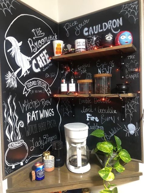 Gothic Coffee Bar Ideas, Witch Cafe Coffee Shop, Witchy Coffee Shop Aesthetic, Witchy Coffee Bar, Witchy Coffee Shop, Witch Coffee Bar, Coffee Magick, Witch Coffee Shop, Coffee Shop Menu Board