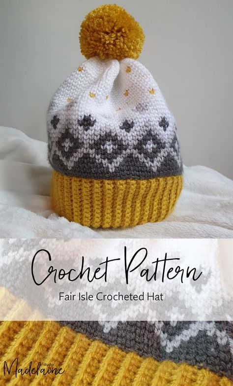 Fair Isle Crochet Beanie Pattern, Fair Isle Crochet Free Pattern, Modern Crochet Hats, Faire Isle Crochet, Crochet Fair Isle Beanie Free Pattern, Crochet Hat 2 Colors, Crochet Fair Isle Hat Pattern Free, Free Hat Patterns Crochet, Color Work Crochet Patterns