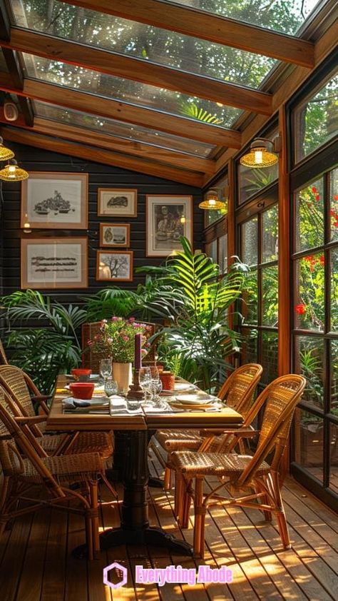 26+ Stunning Sunny Sunroom Ideas That'll Make Your Heart Swoon Cool House Remodel Ideas, Cabin With Sunroom, Sunroom Attached To Garage, Sunroom With Stained Glass Windows, Garden Room Addition, Small Conservatory Dining Room Ideas, Second Floor Conservatory, Kitchen Sunroom Combo Farmhouse, Screened In Dining Porch