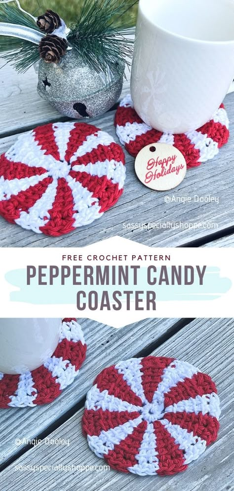 Easy Xmas Crochet, Peppermint Crochet Coasters, Small Crochet Christmas Projects, Christmas Crochet Patterns Free Ornament Xmas, Crochet Christmas Craft Fair Ideas, Quick And Easy Crochet Christmas Gifts, Craft Fair Crochet Ideas To Sell, Crochet Peppermint Candy, Small Christmas Crochet