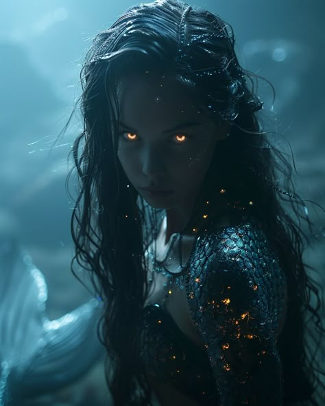 Be careful not to be lured into the siren's gaze⁠ ⁠ ⁠ ⁠a cinematic photograph of an evil dark fantasy beautiful female mermaid with glowing yellow eyes and long black hair, wearing scales, swimming in the ocean at night, foggy scene, dramatic lighting, cinematic color grading, shot by David fincher, Canon EOS --v 6.0 --s 750 --ar 51:64⁠ ⁠ ⁠ #thisisnotreal #aiart #aiartwork #aiartcommunity #aiimage #aiportrait #aiportraitphotography #aiphoto #aiphotography #promptphotography #portrait #artist ... Black Hair Yellow Eyes, The Ocean At Night, Fantasy Underwater, Cinematic Color Grading, Evil Mermaids, Siren Design, Black Siren, Dark Mermaid, Swimming In The Ocean