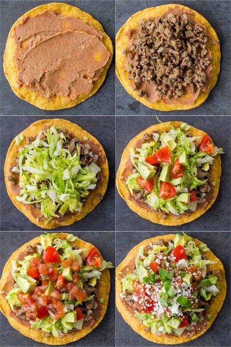 Homemade Tostadas are so satisfying and easy to make. These are loaded with refried beans, beef, and all of the best tostada toppings. Easy Tostada Recipes Simple, Camping Mexican Food, What To Make With Tostada Shells, Side Dishes For Burritos, Refried Beans Meal Ideas, Refried Bean Tostadas, Refried Beans Dinner Ideas, Healthy Mexican Snacks, Easy Mexican Dinner Ideas