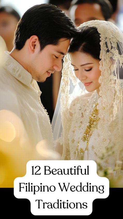 A bride and groom participate in a Filipino wedding ceremony, featuring traditional customs like the arrhae and veil and cord rituals, symbolizing unity and cultural heritage. Filipino Wedding Traditions Ideas, Philippines Wedding Dress Traditional, Filipino Wedding Hairstyles, Filipino Wedding Decor, Filipina Wedding Dress, Filipino Traditional Wedding, Wedding Ideas Philippines, Filipino Inspired Wedding, Philippine Wedding Dress