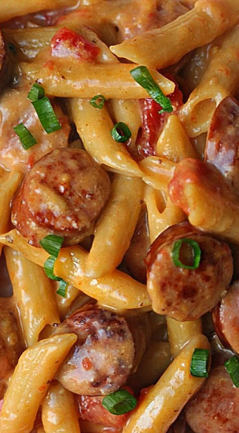 Sausage Recipes Pasta, Cheesy Smoked Sausage Pasta, Smoked Sausage Recipes Pasta, Garlic Gravy, Pasta Sausage, Smoked Sausage Pasta, Rustic Chicken, One Pan Pasta, Smoked Sausage Recipes